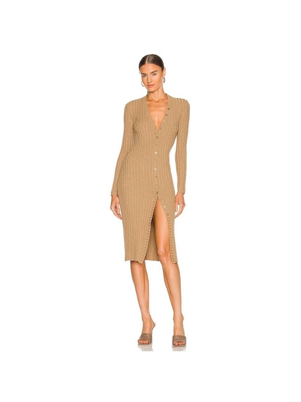 Enza Costa Ribbed Cardigan Midi Dress in Sand and Gold Lurex Small